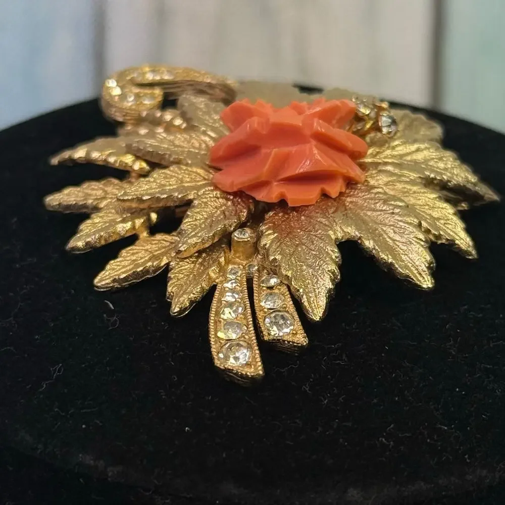 Eisenberg Coral Rose Brooch Pin Vintage Gold Tone Signed Sparkling Rhinestone
